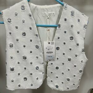 BRAND NEW Zara White and Silver Embellished Women’s Vest Small